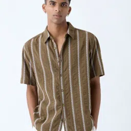 ETA by Westside Brown Stripe Relaxed-Fit Cotton-Blend Shirt-picture-0