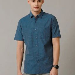 Cavallo By Linen Club Blue Linen Contemporary Fit Texture Shirt-picture-33