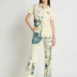 EDRIO Cream & Teal Cotton Graphic Print Shirt-picture-29