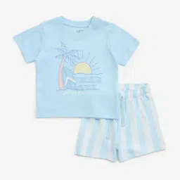 HOP Baby by Westside Light Blue Printed Cotton T-Shirt & Shorts Set-image-55