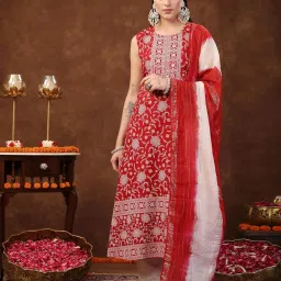 Stylum Red Embroidered A Line Kurta With Dupatta image 1