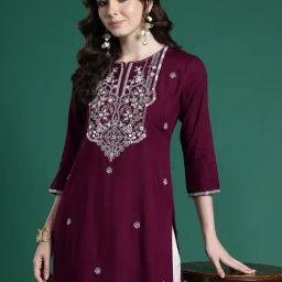 Indo Era Burgundy Regular Fit Embroidered Kurta-image-1