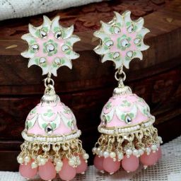 Zeneme Gold Plated Pink Enamelled & Pink Pearls Floral Jhumki Earrings-19