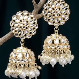 Zeneme Gold Plated Kundan & White Pearls Vilandi Jhumki Earrings-image-30