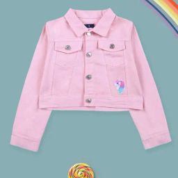 Kiddopanti Girls Pink Denim Applique Regular Fit Jacket-image-4