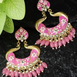 Zeneme Gold Plated Pink Enamelled & Pink Pearls Chand Bali Earrings-13