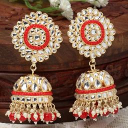 Zeneme Gold Plated Kundan & Red Pearls Vilandi Jhumki Earrings-14