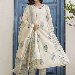 Anouk Floral Printed Pure Cotton A-Line Kurta With Trousers & Dupatta-15