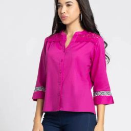 SHAYE Wine V-Neck Three-Quarter Sleeves Casual Top For Women image 3
