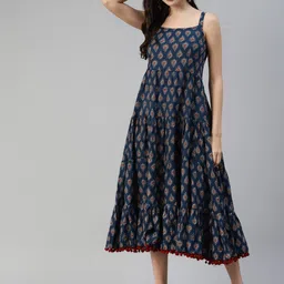 Chandbaali Ethnic Motifs Printed Ruffled Pure Cotton Fit and Flare Midi Dress-picture-9
