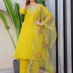 Anouk Floral Embroidered Regular Pure Silk Straight Kurta with Trousers & Dupatta-55