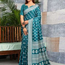 Satrani Teal Blue & White Printed Saree With Unstitched Blouse-picture-26