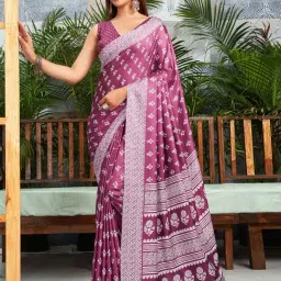 Satrani Rouge Pink & White Printed Saree With Unstitched Blouse-image-68