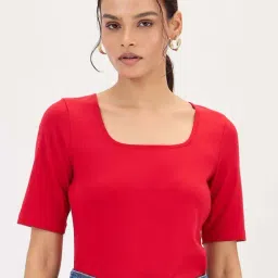 Femmella Red Cotton Regular Fit Bodysuit Top-picture-23