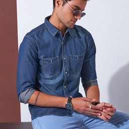 Markle Moro Men Spread Collar Solid Denim Casual Shirt-image-91