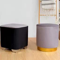 Shadowkart Set Of 2 Grey & Black Velvet Round Ottomans-7