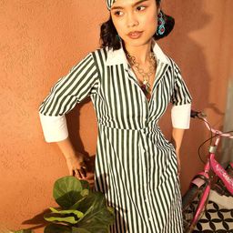 Pink Paprika by SASSAFRAS Women Striped Slits Shirt Collar Cotton A-Line Midi Dress-image-73
