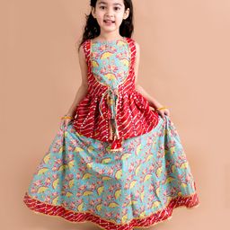 Pspeaches Sleeveless Jaipuri Floral Printed & Mirror Work Embellished Peplum Style Kurta With Coordinating Flared Lehenga - Green-image-41