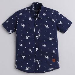 Polka Tots Half Sleeve Reindeer & Polka Dots Printed Shirt - Navy Blue-image-52