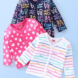 Babyhug 100% Cotton Knit Full Sleeves Heart Print Front Open Vest Pack of 3 - Multicolour-image-94