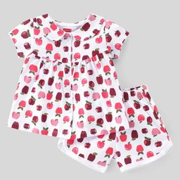 Babyhug Single Jersey Knit Half Sleeves Night Suit Apple Print - White-image-65