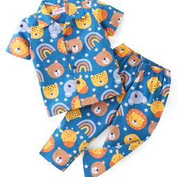 Babyhug Poplin Woven Half Sleeves Night Suit Bear Print - Blue-image-27