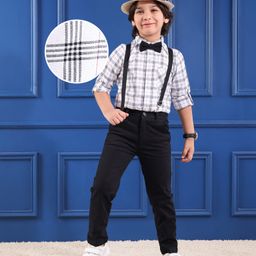 Mark & Mia Full Sleeves Checkered Shirt & Trouser Set with Bow & Suspender - White & Black-image-55
