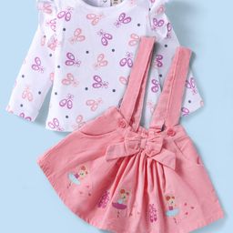 ToffyHouse 100% Cotton Knit Full Sleeves Ballarinas Printed Top & Mouse Embroidered Skirt with Bow Detailing - Pink-picture-16