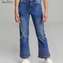Arias Cotton Stretch Full Length Flared Jeans With Rhinestones Embellishment Medium Wash - Blue-image-17