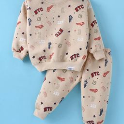 Teddy Fleece Knit Full Sleeves Winter Wear Co-Ord Set With Varsity Print - Beige-image-94