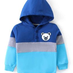 Babyhug Cotton Knit Full Sleeves Hooded Sweatshirt with Colour Block Design & Bear Print - Blue-image-78
