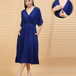 Zelena 95% Viscose 5% Elastane Half Sleeves Solid Zipless Maternity Dress - Blue-picture-38