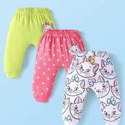 Babyhug Disney Interlock Knit Full Length Diaper Leggings with Polka Dots & Marie Print Pack of 3 - Dark Pink Green & White-image-2