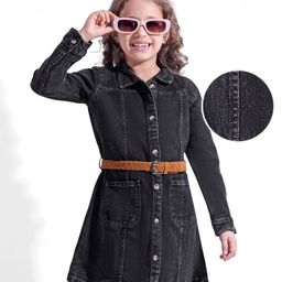 Hola Bonita Cotton Woven Full Sleeves Solid Denim Shirt Dress - Black-picture-16