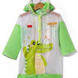 Babyhug Full Sleeves Below Knee Length Raincoat With Dino Print - Green & White-image-60