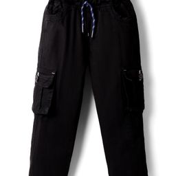 Olio Kids Cotton Woven Full Length Solid Color Trouser with Cargo Pockets - Black-picture-3