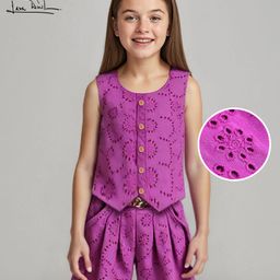 Arias Cotton Woven SleevelessSchiffli Waistcoat Top & Shorts Set - Purple-image-65