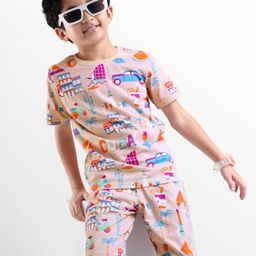 OLLINGTON ST. Cotton Co-ords Set Of Half Sleeves Tropical Theme Printed T-Shirt & Knit Shorts - Peach-image-37