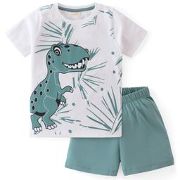 BLUSHES Cotton Knit Half Sleeves Dinosaur Printed Night Suit Set - White & Olive Green-image-41