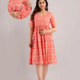 CeleBravo Cotton Half Sleeves Ikat Printed Maternity Dress With Nursing Access - Pink-picture-29
