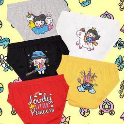NUSYL Cotton Pack Of 5 Princess & Castle Printed Panties - Grey White Black Yellow & Red-35