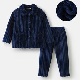 Mark & Mia Full Sleeves Front Open Co-ords Winter Wear Night Suit - Navy Blue-image-40