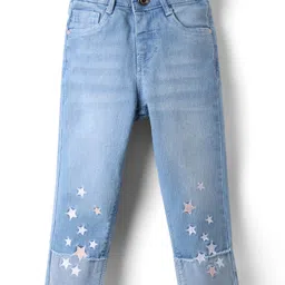 Babyhug Full Length Washed Denim Jeans with Stretch & Star Embroidery - Light Blue-picture-9