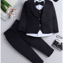 Fourfolds Cotton Full Sleeves Rhinestone Embellished 3 Piece Party Suit With Bow Set - Black-image-46