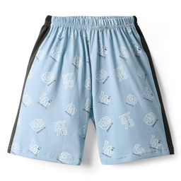 Taeko Single Jersey Knit Knee Length Shorts With Sports Theme Print - Light Blue-image-50