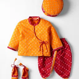 Exclusive from Jaipur Cotton Woven Full Sleeves Foil Floral Printed Kurta Dhoti Set With Mojaris & Turban - Orange & Red-picture-2