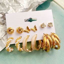 GOLDIWALA Set Of 6 Gold Plated Pearls Beaded Geometric Half Hoop Earrings-9