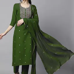 Anushansa Floral Embroidered Cotton Silk Straight Kurta With Trousers & Dupatta-picture-52