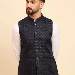 House of Pataudi Men Woven Design Mandarin Collar Nehru Jacket-picture-22