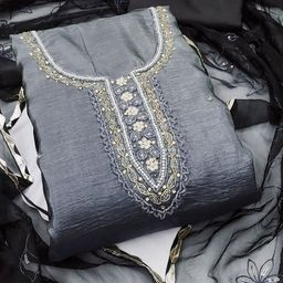 SAINOOR Floral Beads And Stones Embellished Pure Silk Semi-Stitched Dress Material-image-39